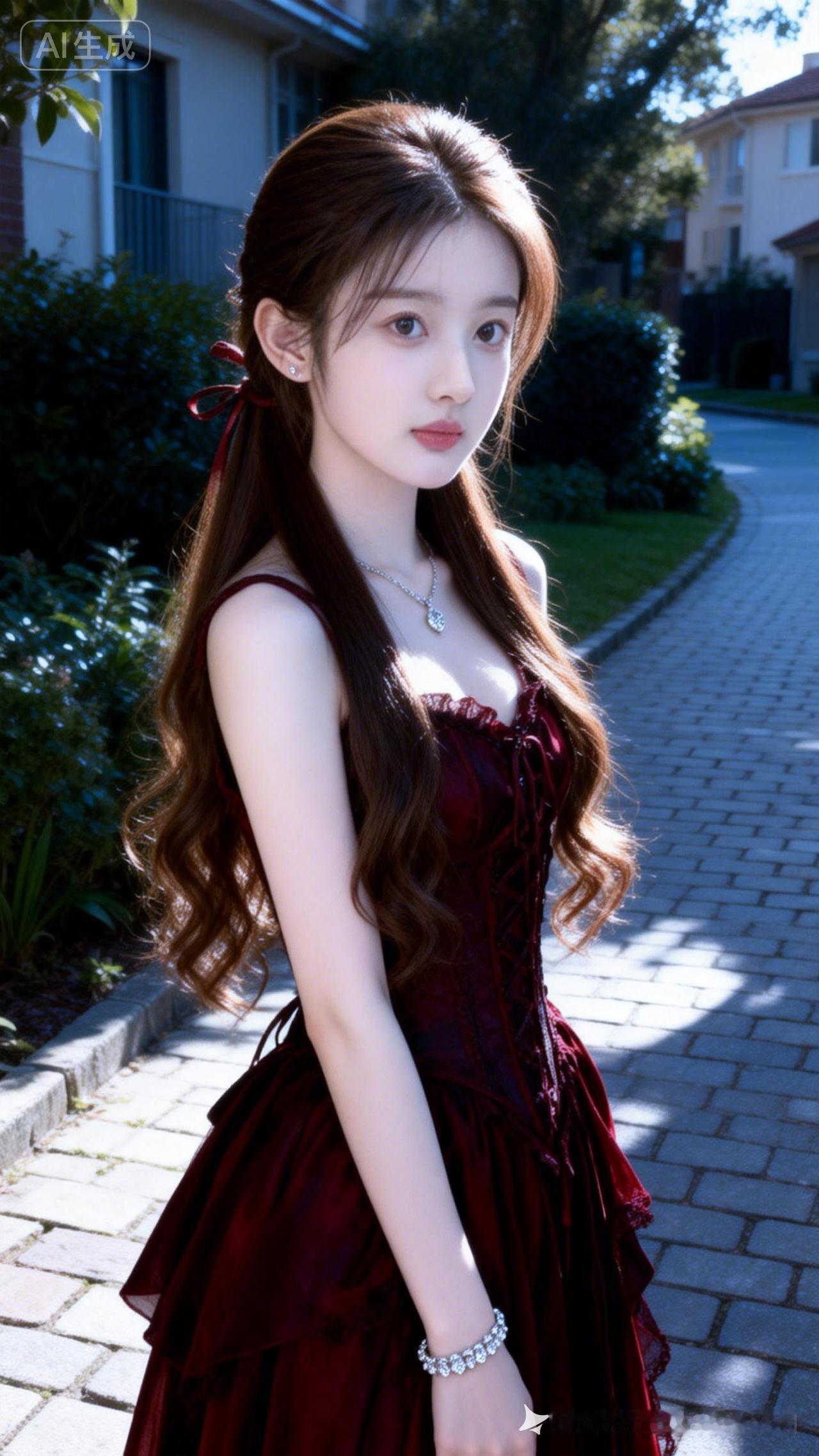 冰瓷玉肌冷白皮瓜子脸美人，茶棕直卷发系带蓬松垂肩，深红哥特裙配精致首饰，小区石砖