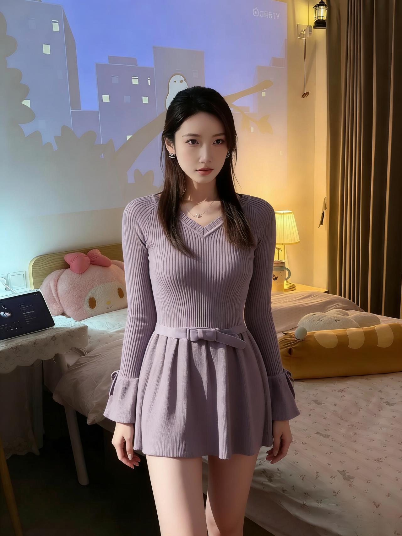 紫衫轻裹小蛮腰，灯影朦胧映翠翘。静立室中花解语，风吹月华涌春潮。