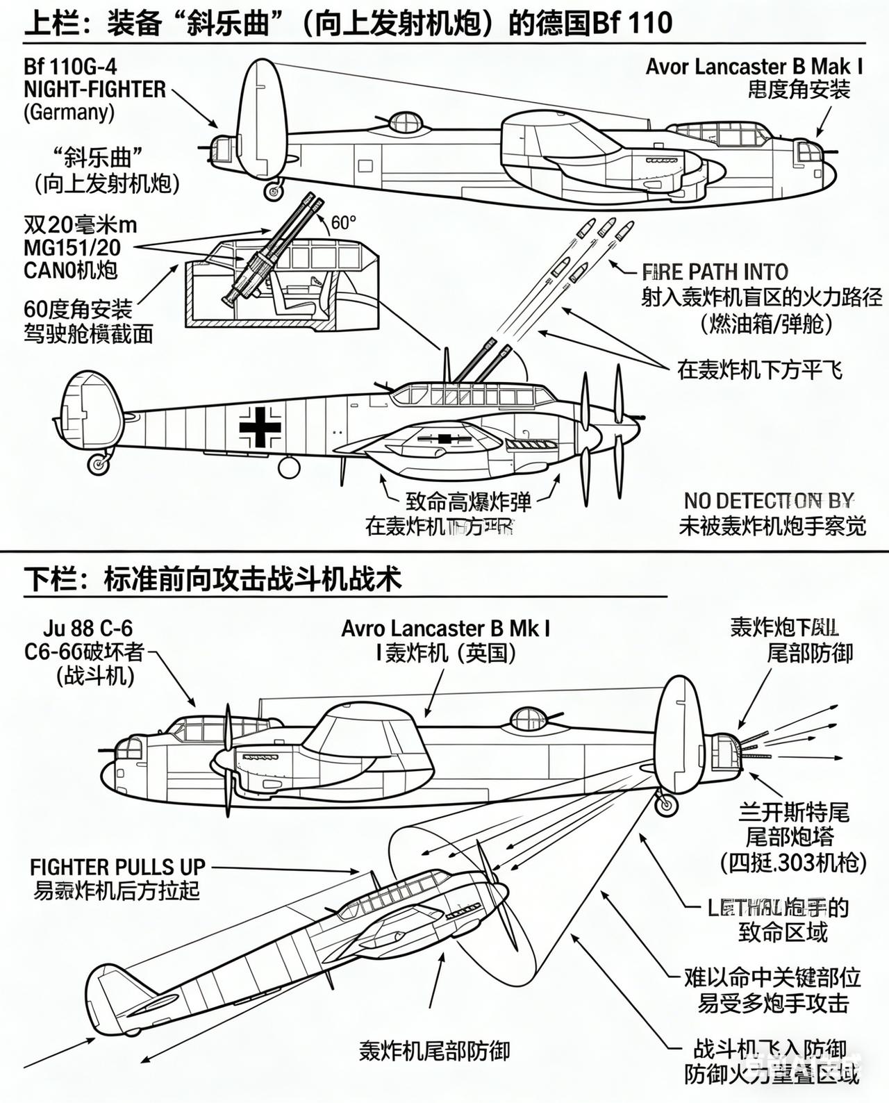 二战夜间空战，盟军重型轰炸机的尾部机炮堪称死亡防线，常规战机从后方追击，只会直面