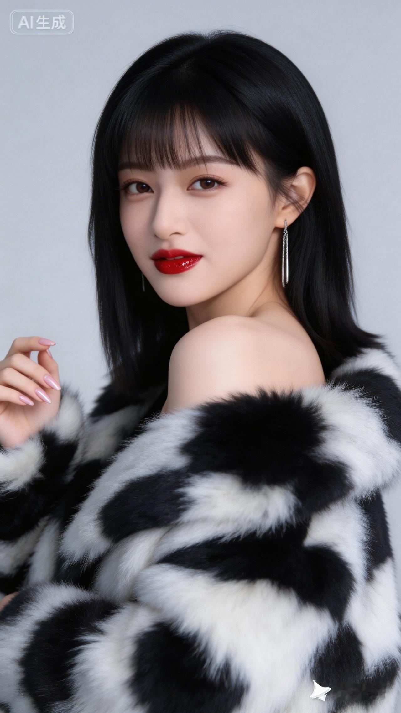 优雅黑发红唇，黑白毛绒外套，尽显时尚魅力！