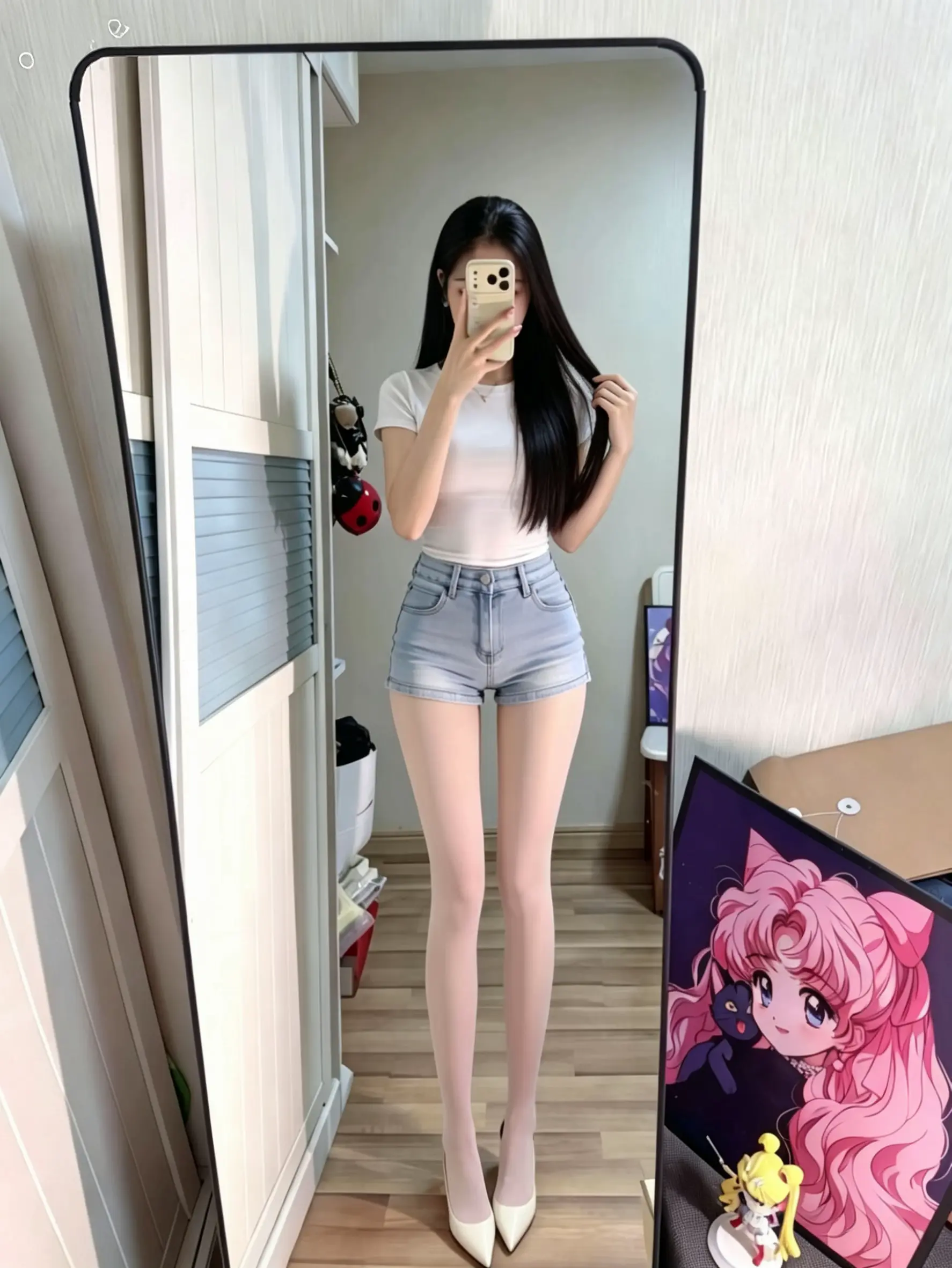 今日份OOTD。白色T恤+牛仔短裤