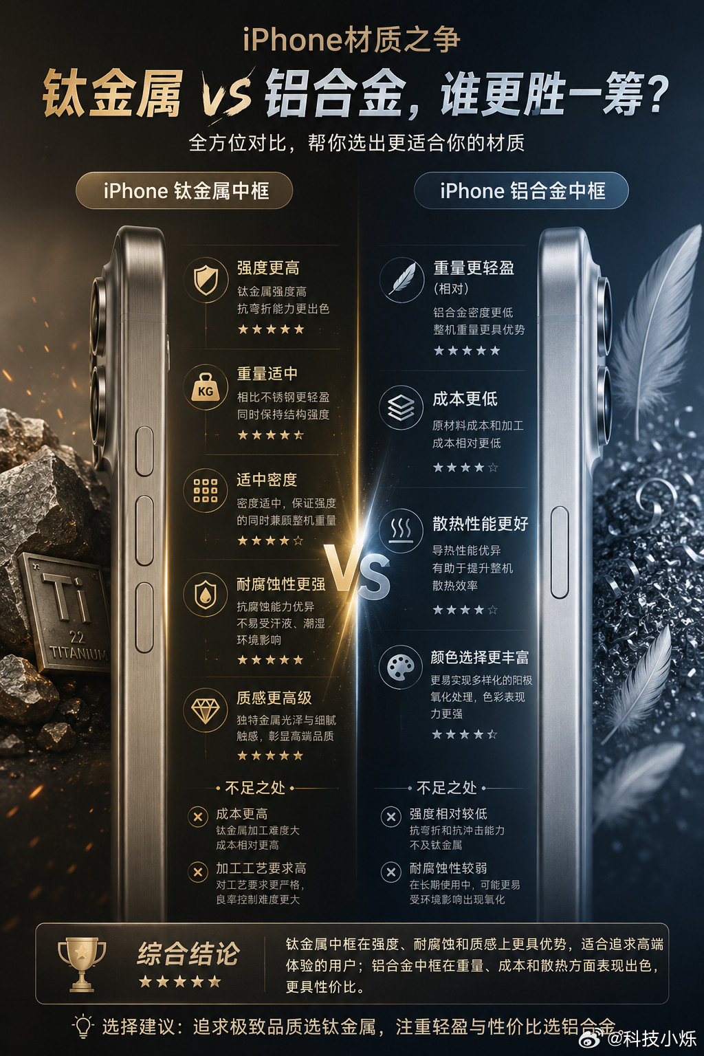 苹果Pro材质取舍：钛合金vs铝合金钛合金是真·旗舰质感，硬度高耐刮耐腐蚀，裸机