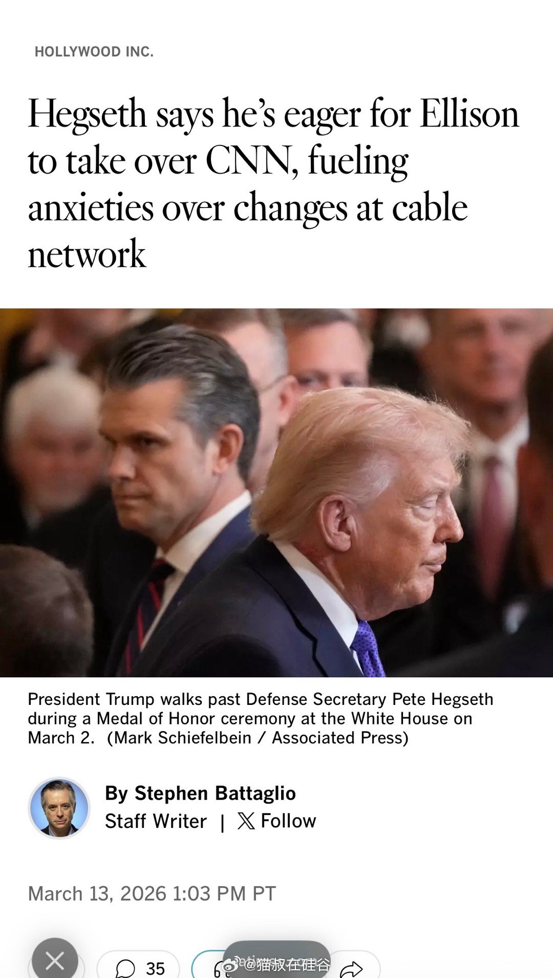 国防部长热切期待埃里森家族接管CNN美国国防部长皮特·赫格塞斯（PeteHeg