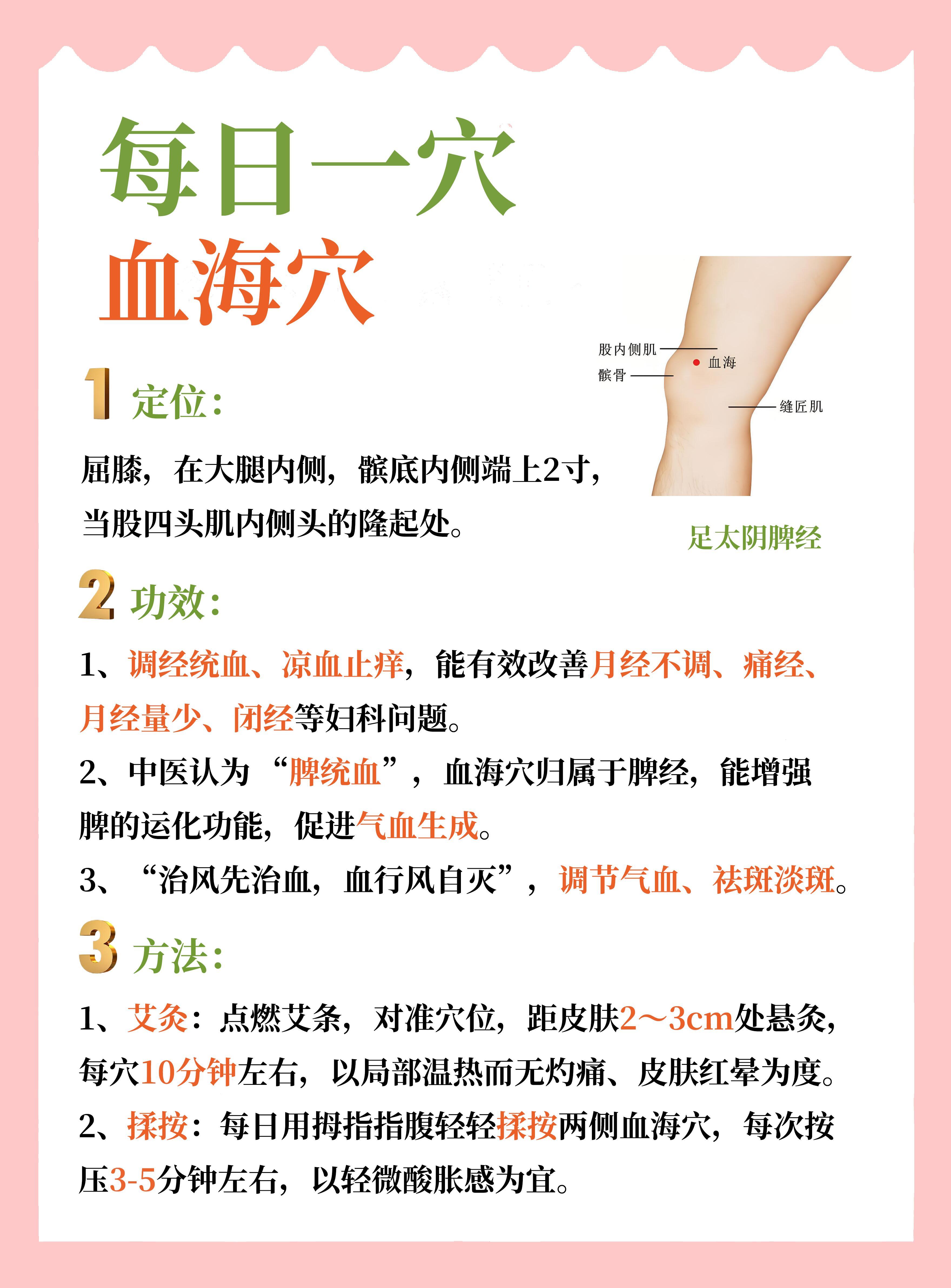 每日一穴：调经统血，凉血止痒血海穴。血海穴：屈膝，在大腿内侧，髌底内侧端上2寸