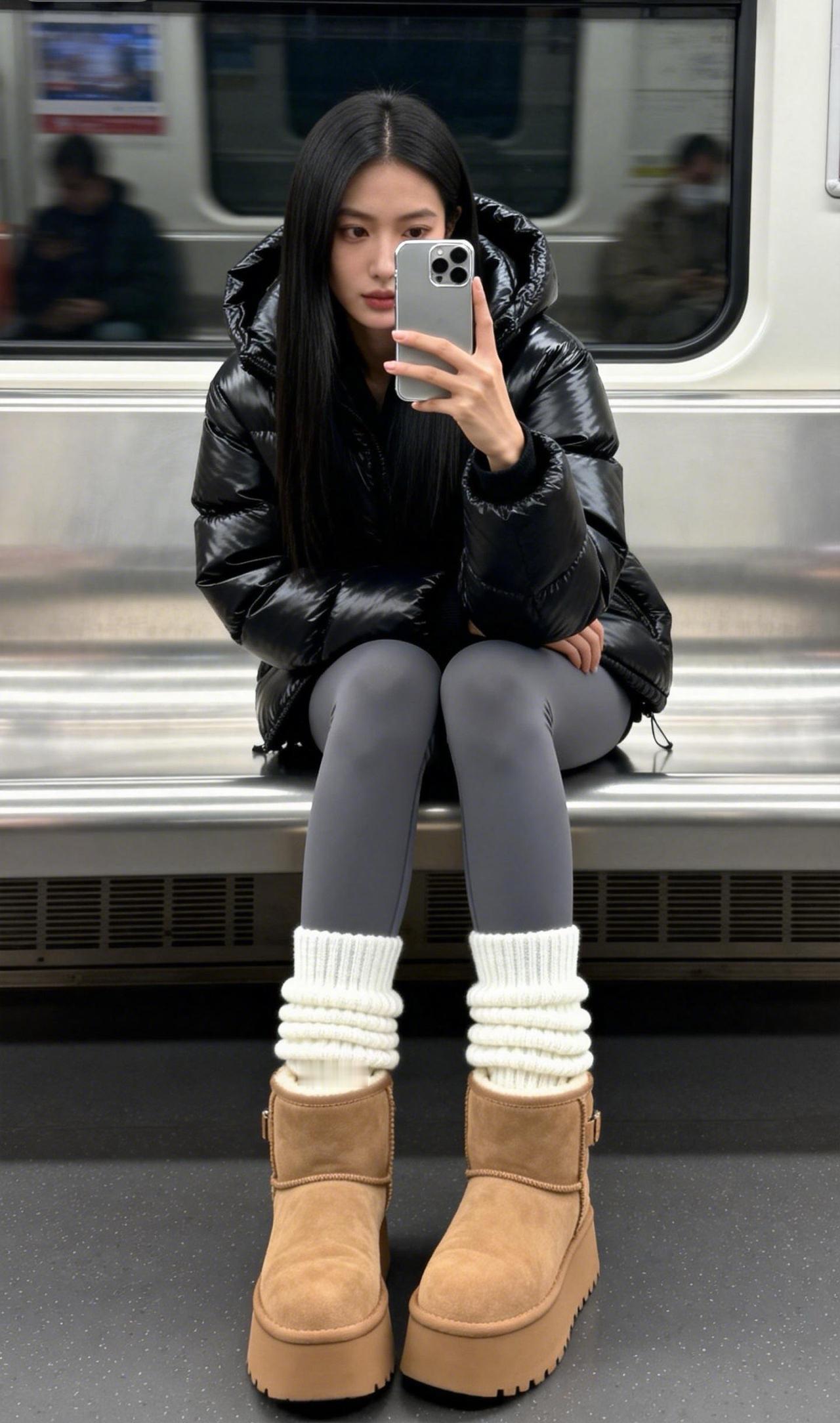 地铁里自拍，冬日穿搭，温暖舒适！🌟👢👖👟街拍.美女.穿搭.大长腿