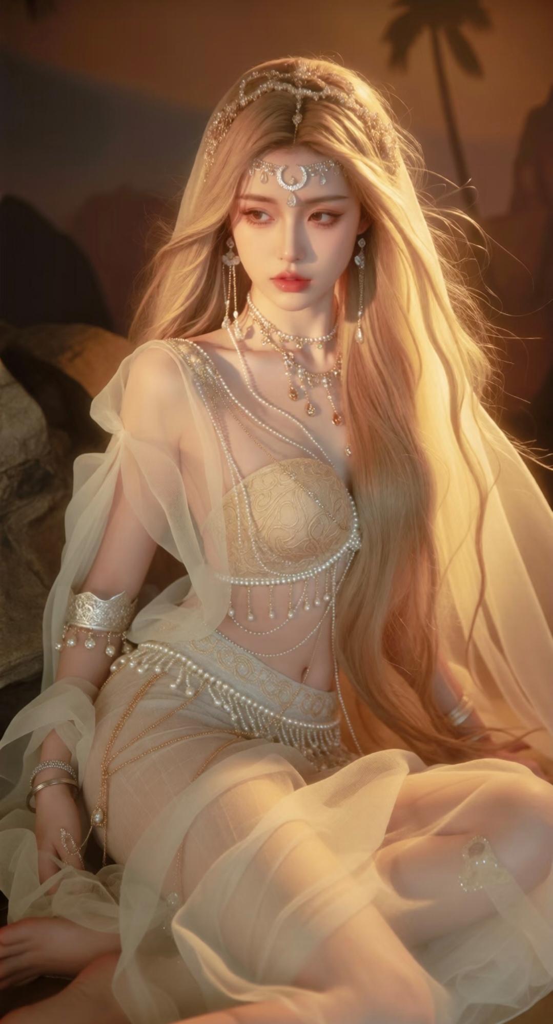 沙漠鎏金里的月光神祇！鎏金刺绣裹胸叠着珍珠流苏，薄纱袖笼漾开朦胧光晕，月牙额饰坠