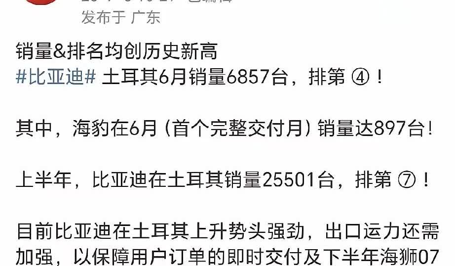 比亚迪土耳其6月销量6857辆，全品牌来到了第四，又进一步，土耳其市场各品牌销量