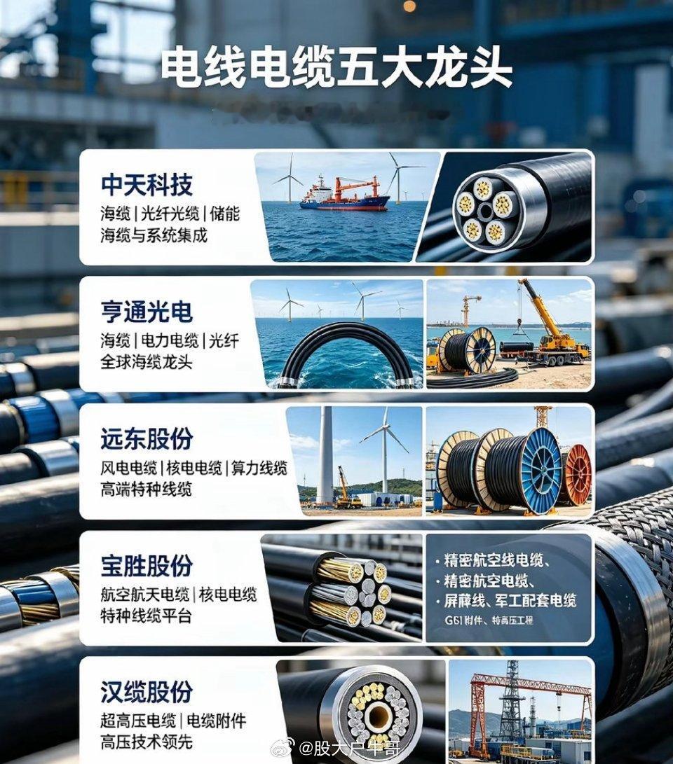 A股电线电缆五大龙头1.中天科技✅优点：海缆龙头，国内海上风电海缆市占率领先；