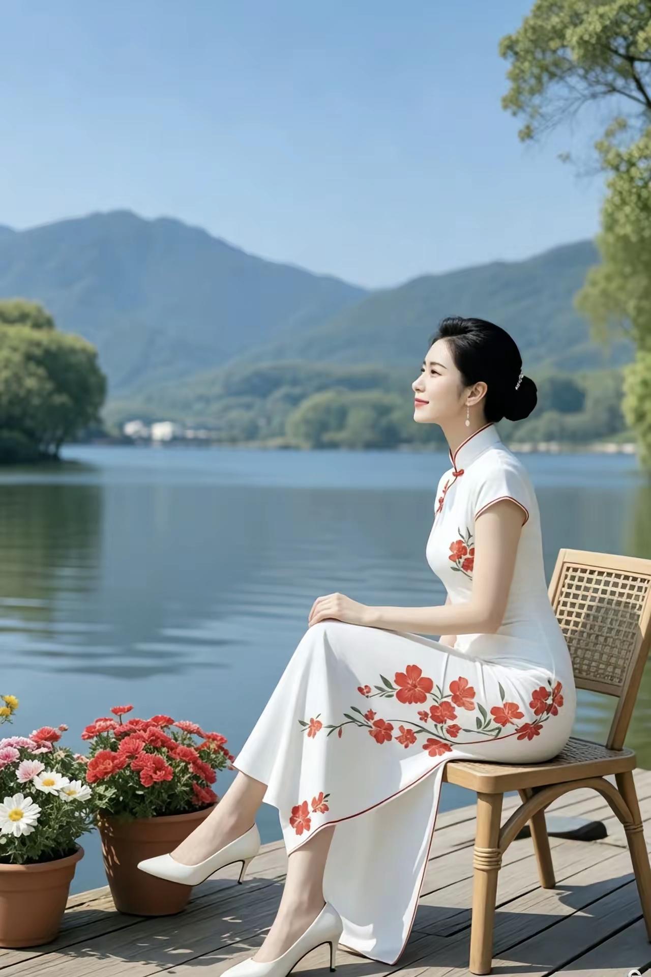 这位女士坐在湖边，穿着旗袍，欣赏美景。