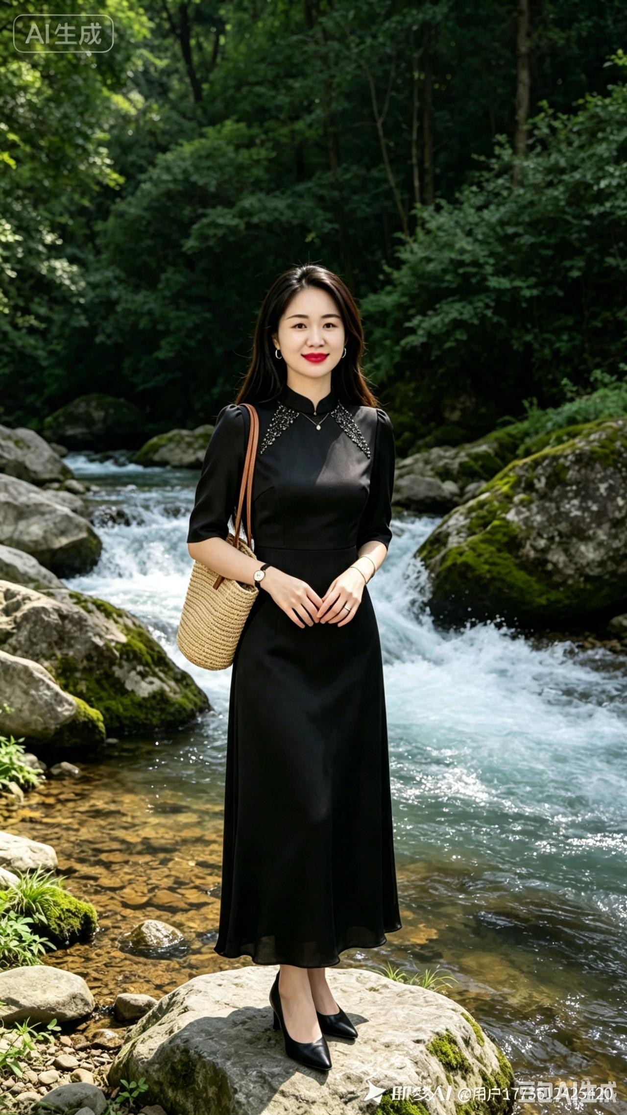 溪畔旗袍佳丽清溪漱石绕青山，叠翠林阴映丽颜。墨韵旗袍凝雅意，柔丝垂落衬恬然。