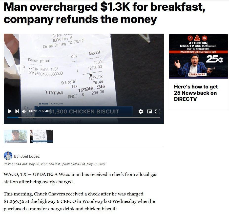 美国德克萨斯州一名男子在加油站买了一瓶能量饮料和一个鸡肉饼。能量饮料价格2.89