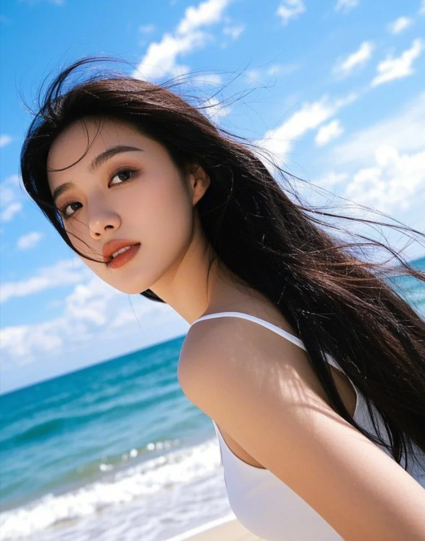 海边倩影：美女与海浪的浪漫对话