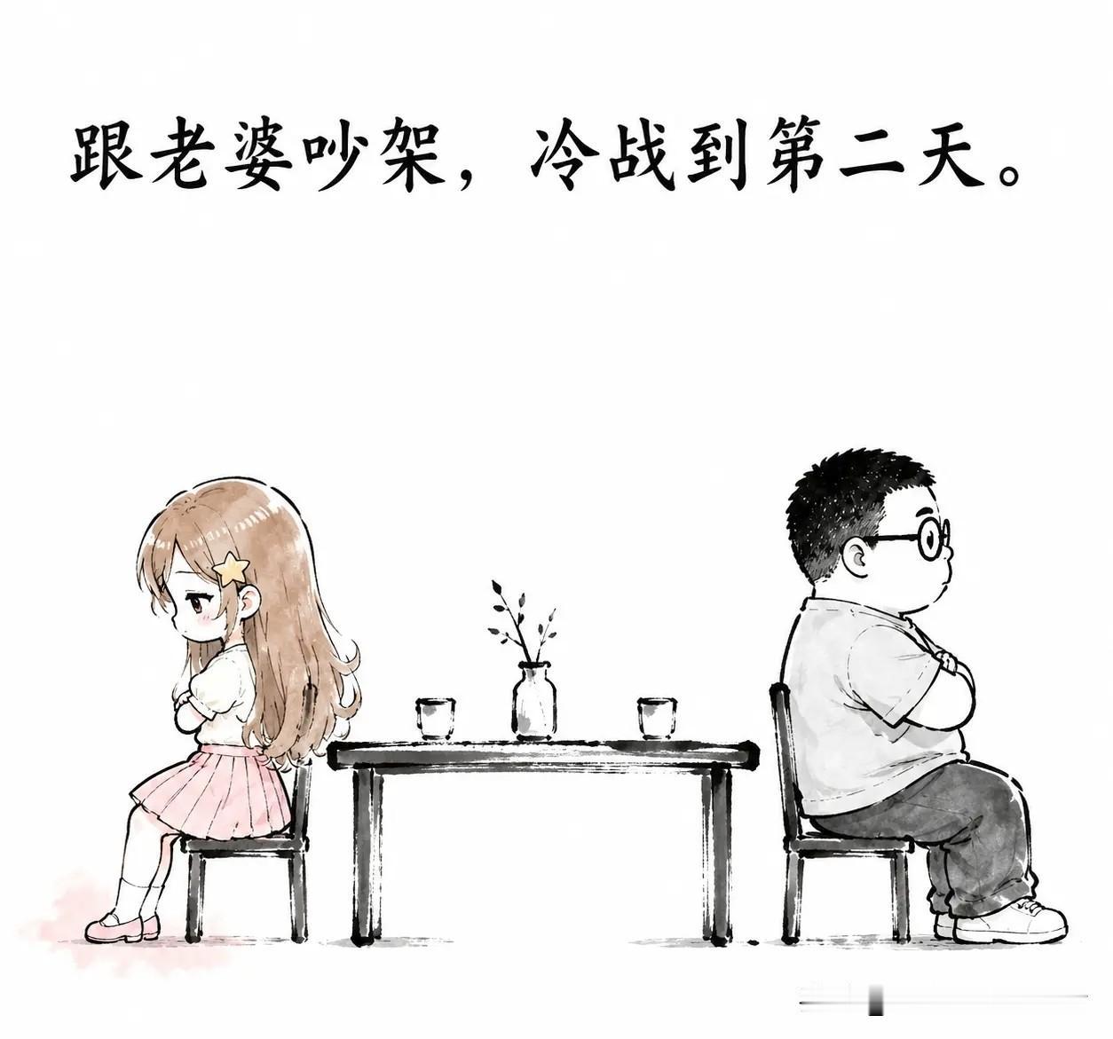 分享优秀漫画：跟老婆吵架冷战到第二天。中午她发一条微信：“晚上吃什么。”我心想主