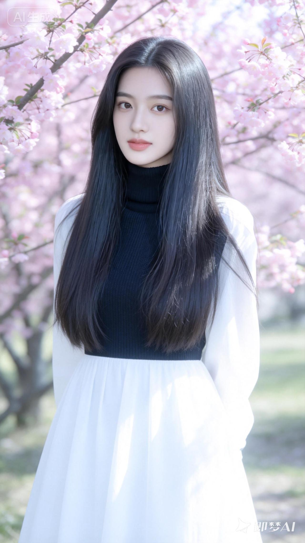 樱花树下，少女如画，春意盎然。