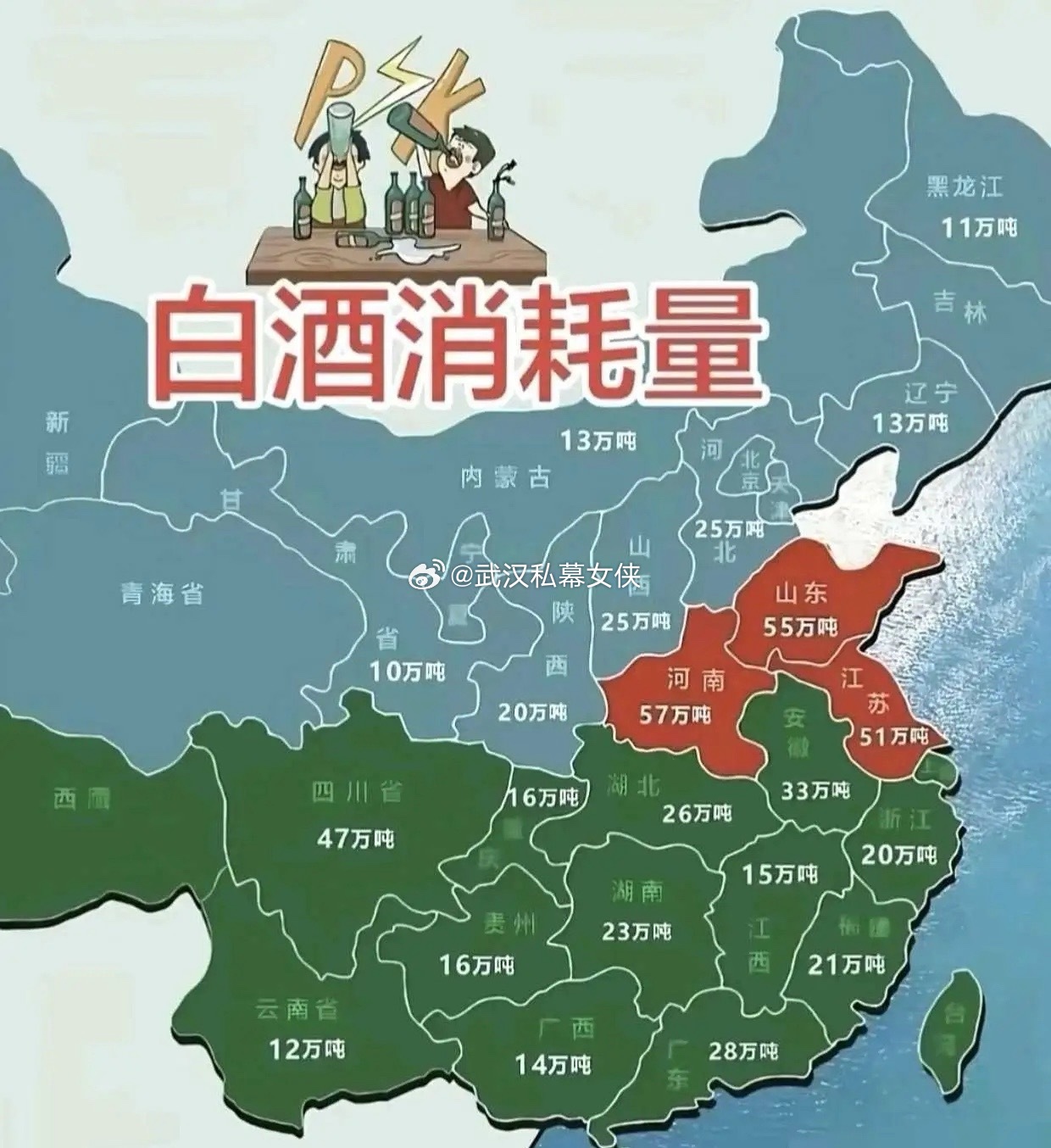 全国白酒消耗量地图出炉！看看你的家乡排第几？第一梯队：白酒消耗“主力军”1.河南