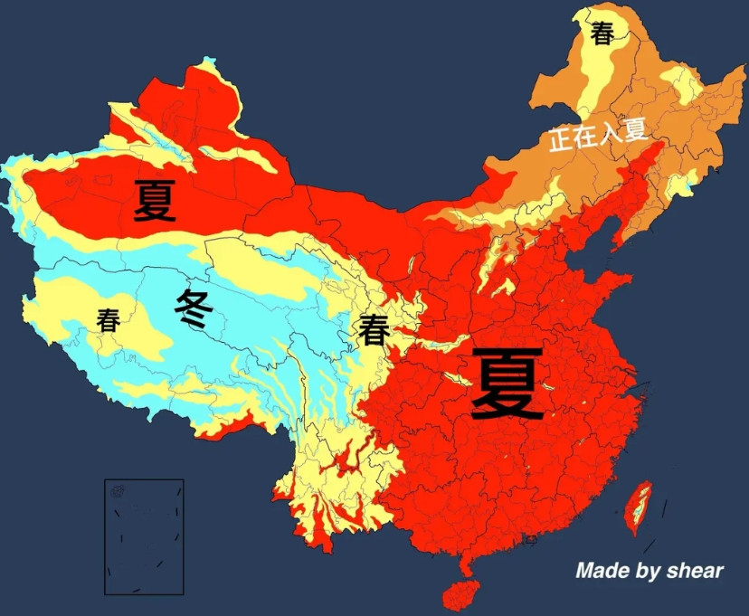 这是6月25号的中国季节分布，贵州90%的地区已经入夏（除了靠近云南的六盘水还没
