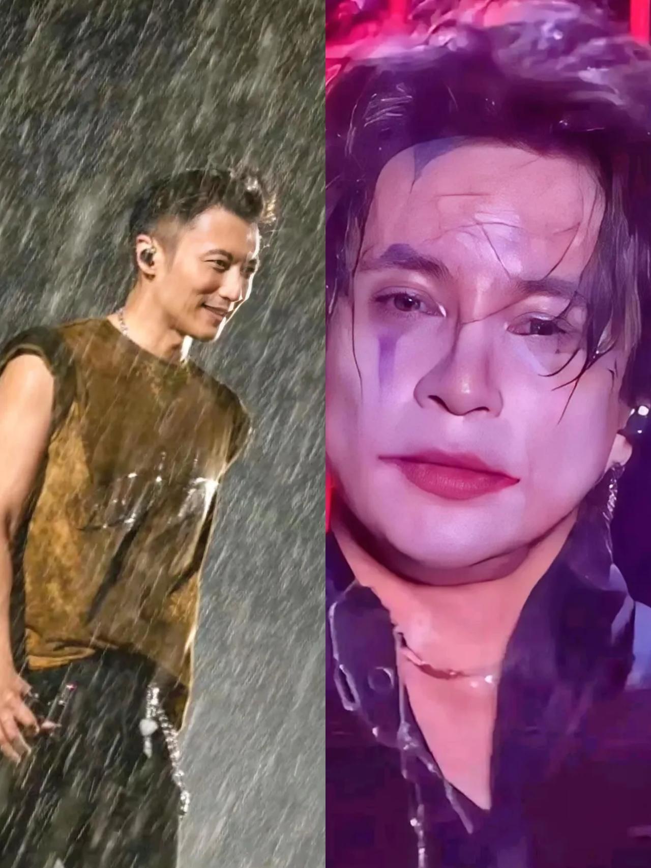 同样是雨里开唱，薛之谦和谢霆锋的差距也太离谱了吧！老薛淋完雨眼线晕成熊猫眼，整张