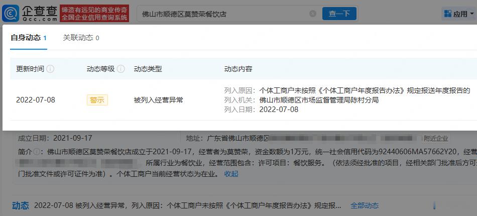 【莫氏鸡煲关联企业已成立多年】莫氏鸡煲关联企业已经营异常近日，广东佛山顺德陈村