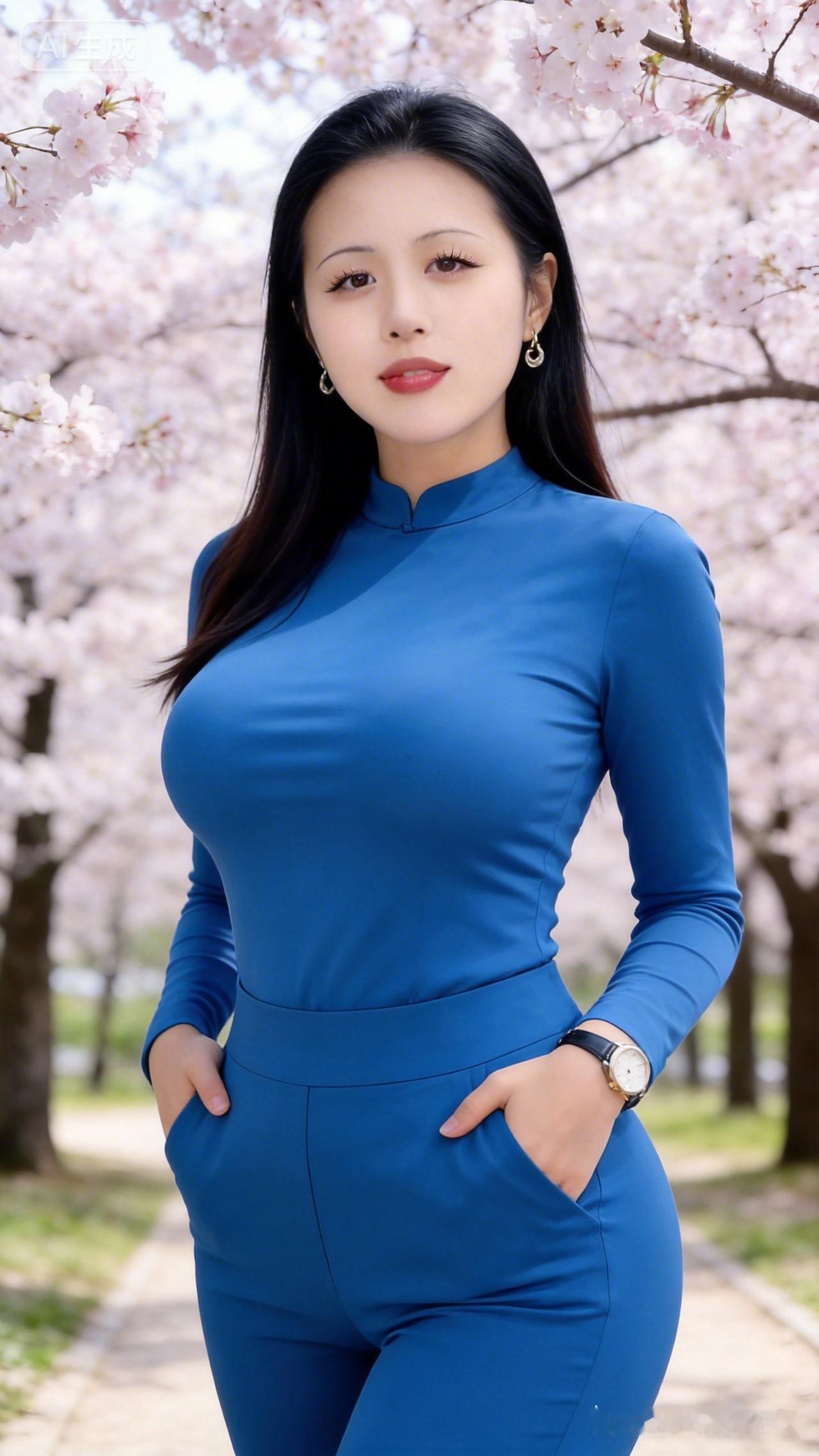 樱花树下，蓝衣美人，春日气息扑面而来！🌸💙