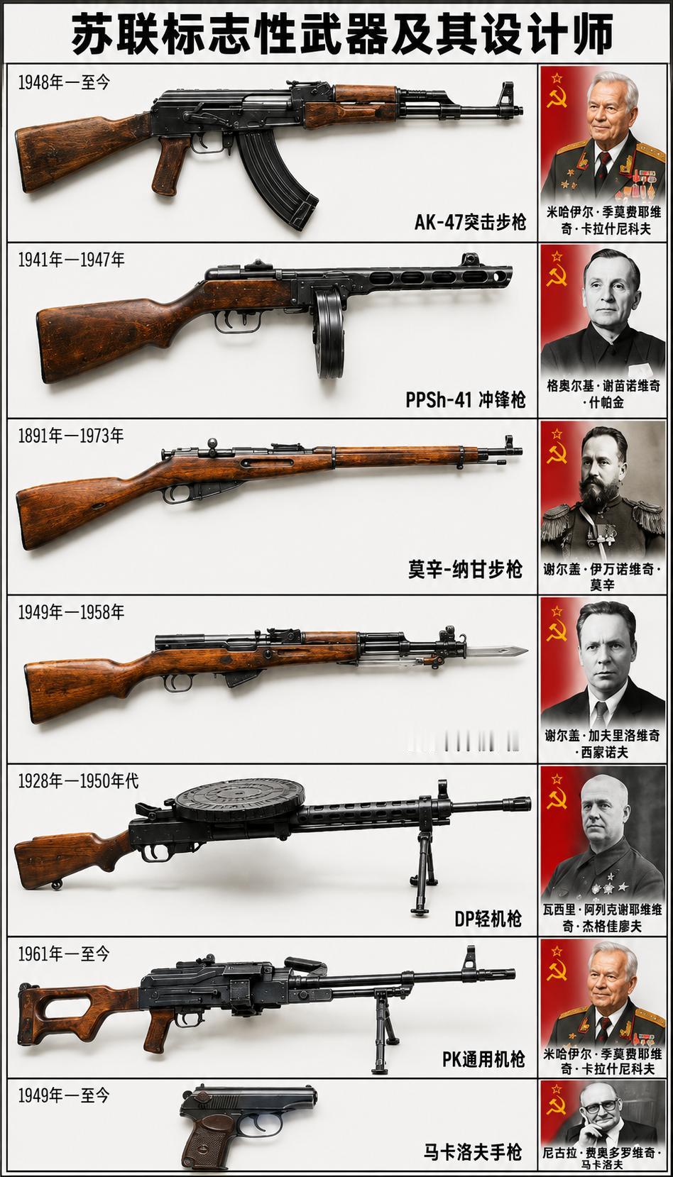 一张图看懂撑起苏联轻武器半壁江山的7款经典枪械，以及它们背后的“枪王”设计师👇