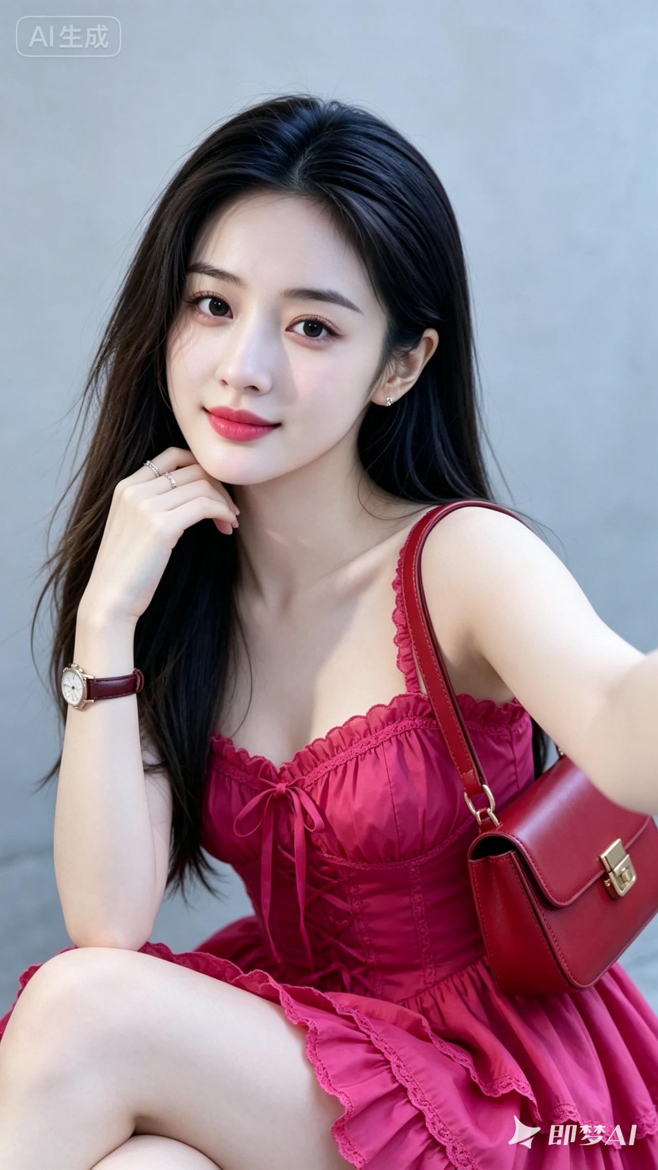 甜美少女风穿搭，粉色连衣裙搭配红色包包，元气满满！