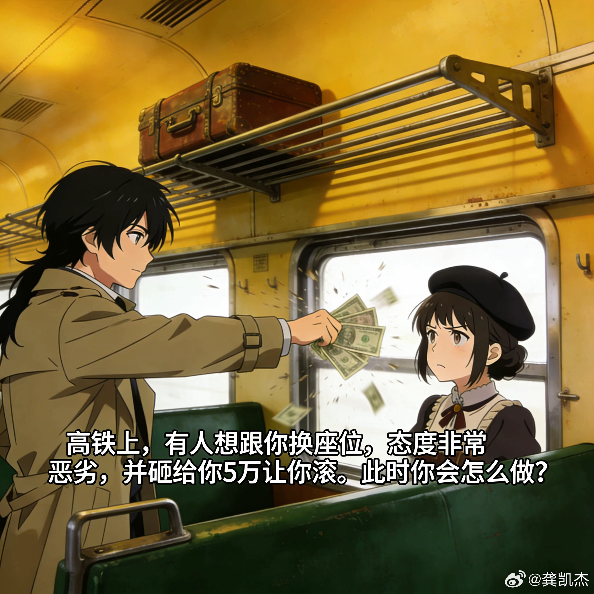 假如高铁上，有人想跟你换座位，态度非常恶劣，并砸给你5万让你滚。此时你会怎么做？