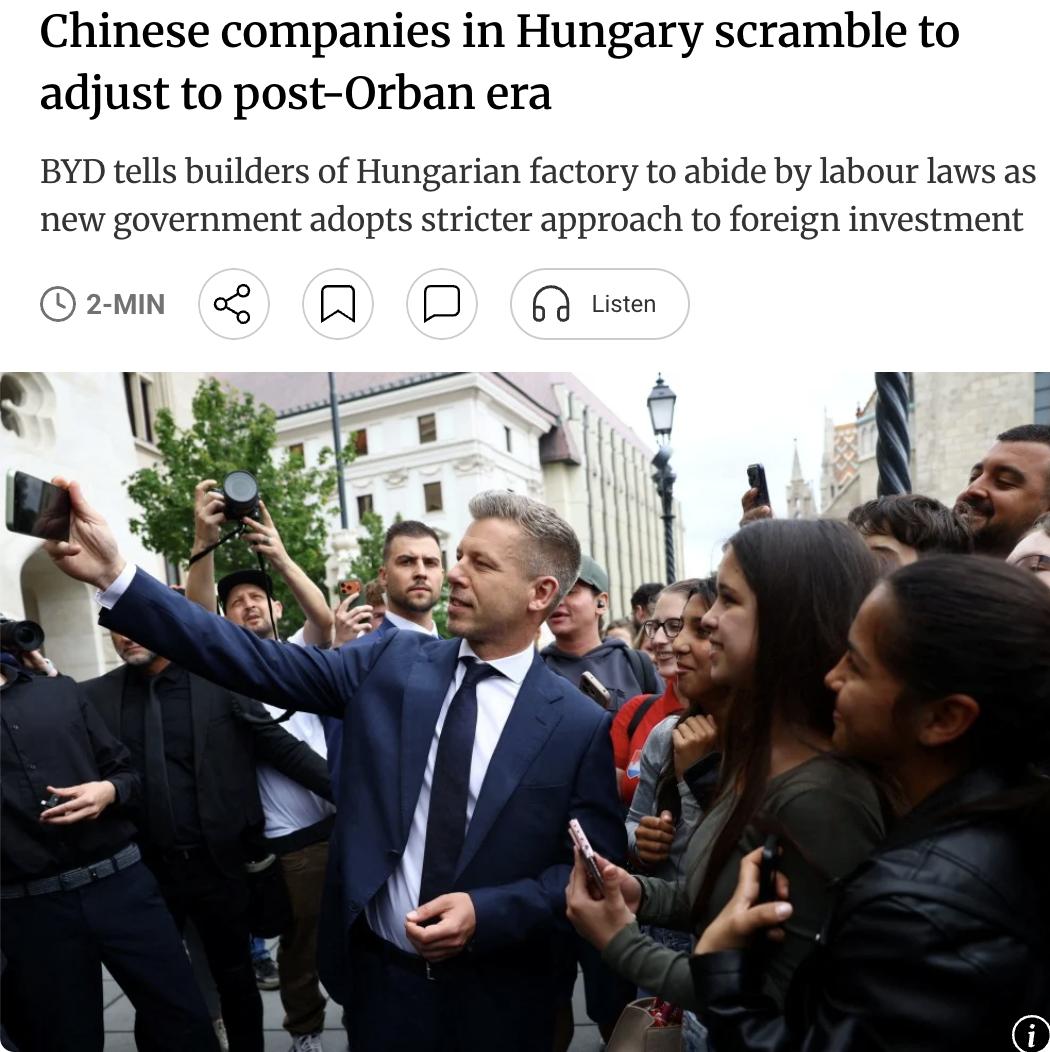 外媒：匈牙利新政府上台后，中资企业正紧急调整以应对更严格的监管环境。某电动汽