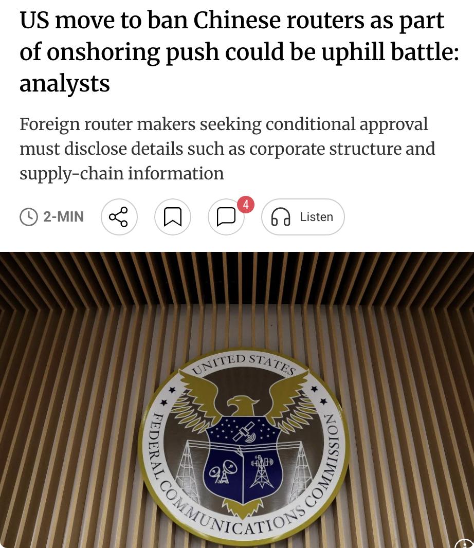 外媒：美国联邦通信委员会（FCC）3月24日宣布将外国生产的消费级路由器列入"受