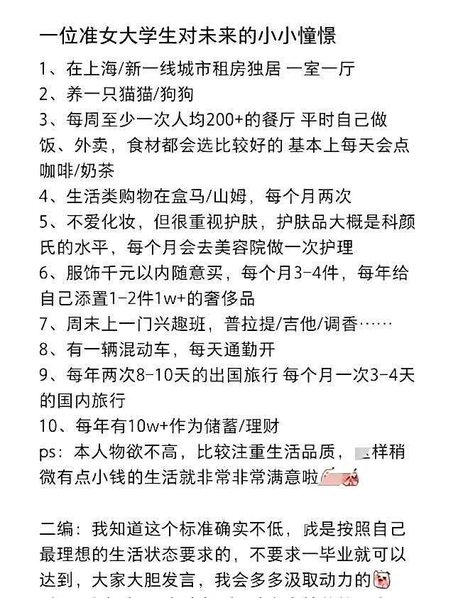 “一位准女大学生对未来的小小憧憬”！她还说自己物欲不高……[捂脸哭]​