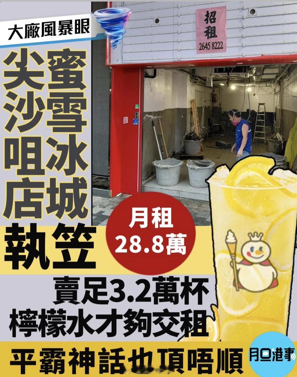 香港尖沙咀蜜雪冰城倒闭了，月租28.8万。。。一个月要卖3.2万杯柠檬水才够交租
