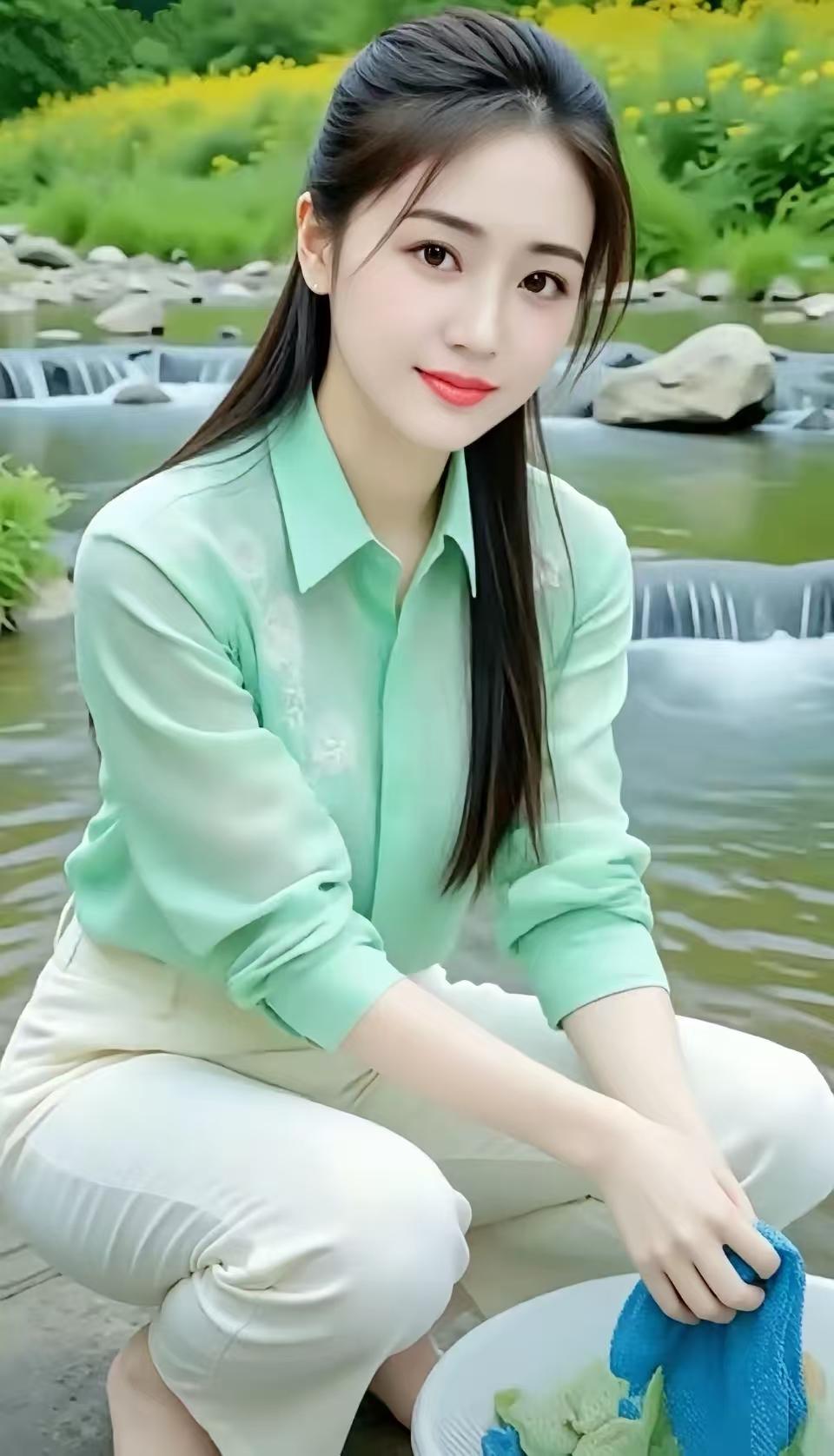 天净沙·溪畔浣纱垂柳清溪碧光，佳人溪畔浣裳，鬓发随风轻荡。笑含山黛，眸