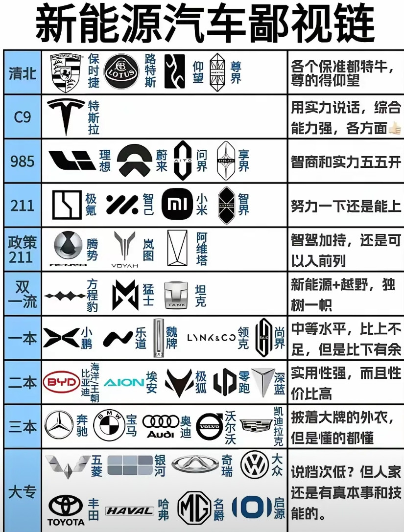 有人套用高校划分，把新能源品牌做了划分，你们觉得合理吗？“清北”里面，仰望，