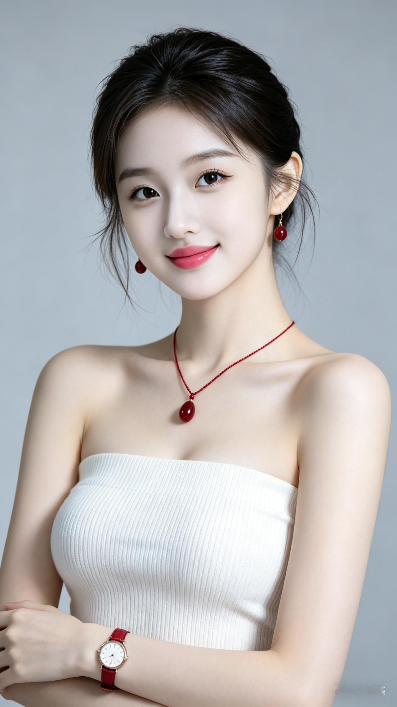 绝色东方美女，冷白皮，妆容淡雅红唇明艳，眼眸灵动笑容优雅。身材凹凸有致，肩颈优美