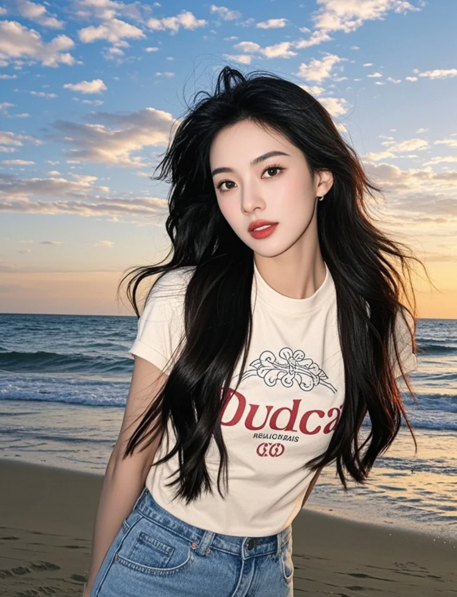 海浪轻拍岸边，她的长发与海风共谱浪漫