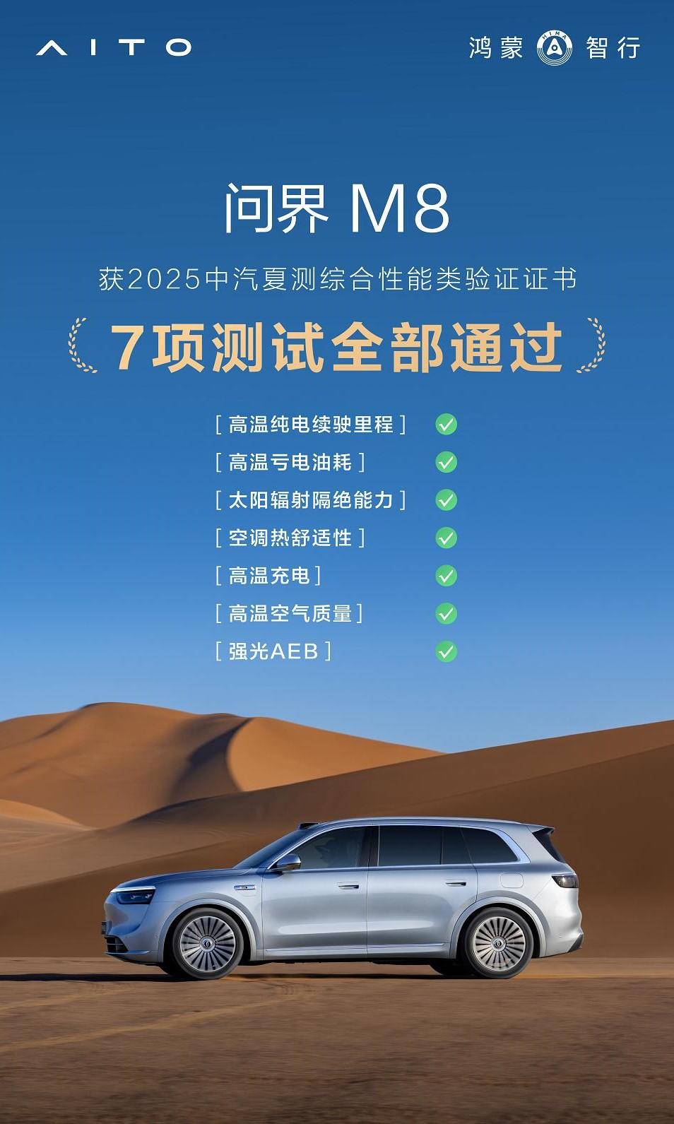 问界M8获得中汽夏测全科通关 中汽夏测的科目还是很严苛的：高温状况下的纯电续航