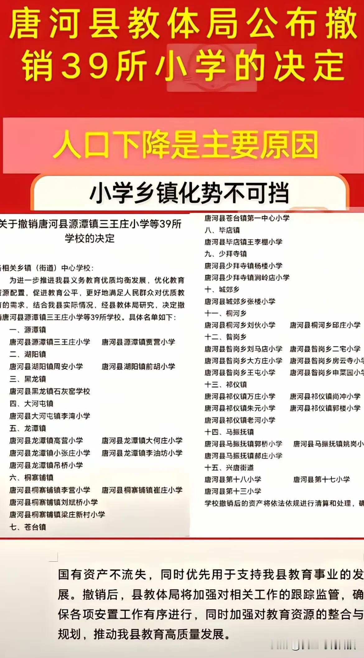 唐河县教体局公布撤销39所小学的决定人口下降是主要原因，小学乡镇化势不可挡！