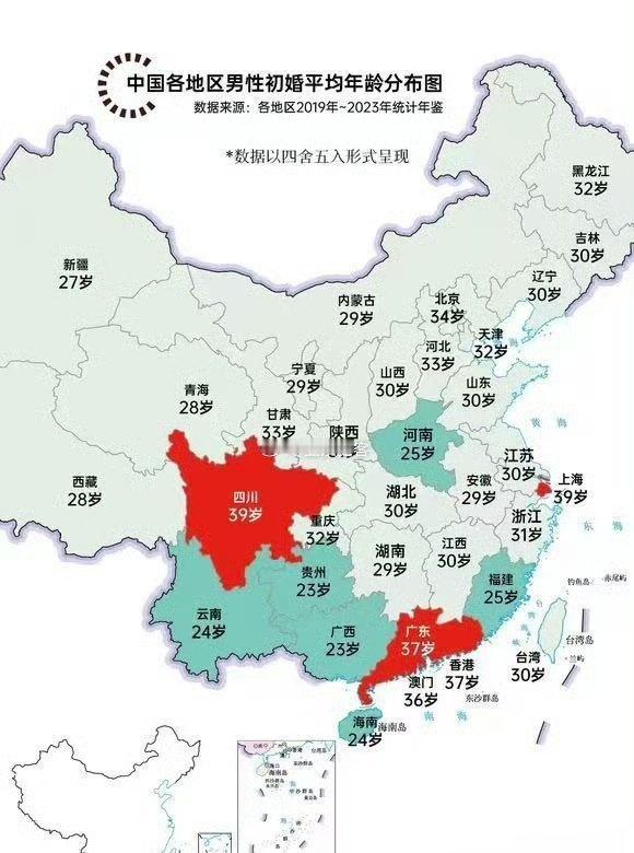 中国各地区男性初婚平均年龄分布图​​​