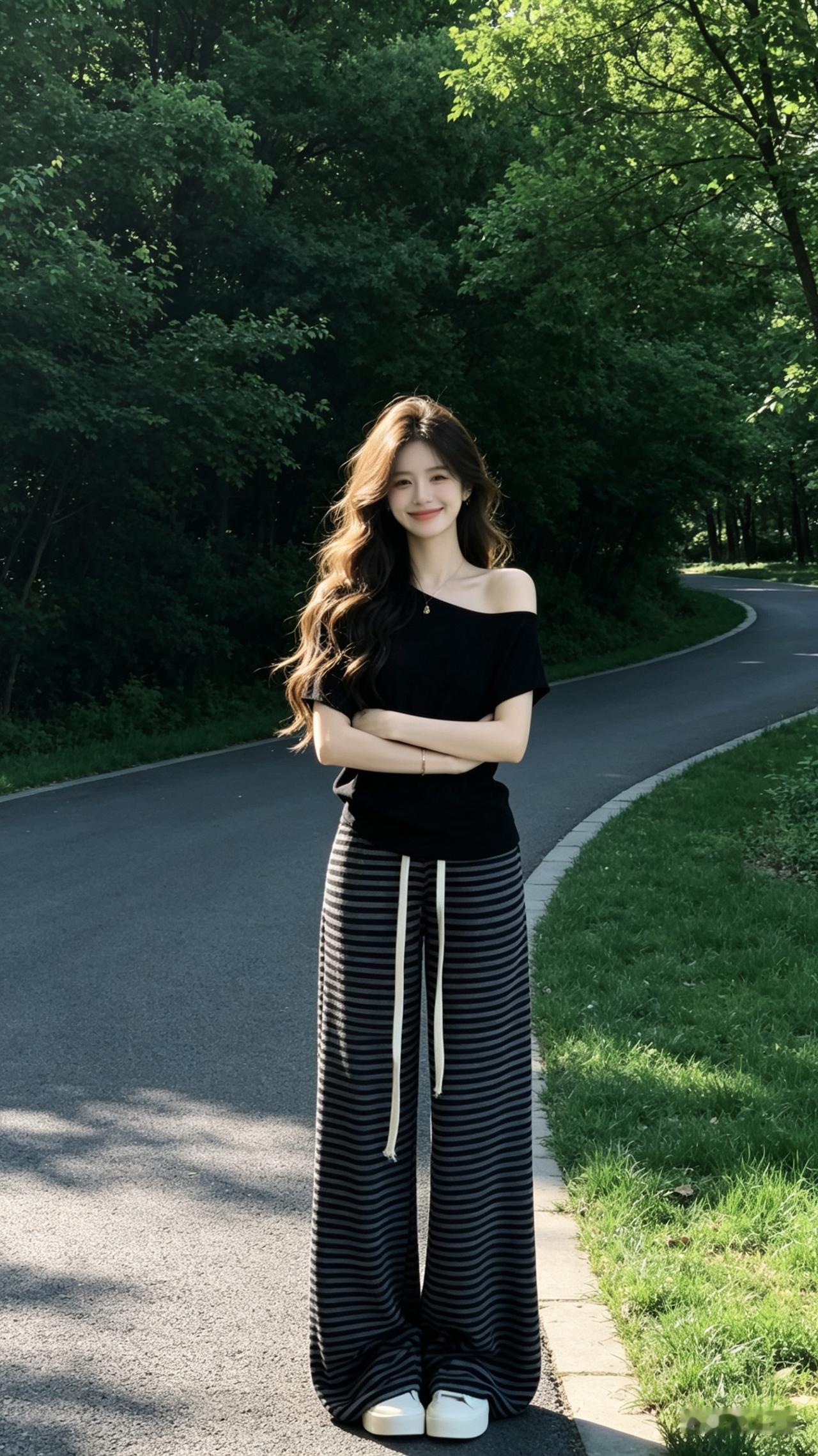 夏日森林中的甜美少女，黑白色调穿搭，清新自然。