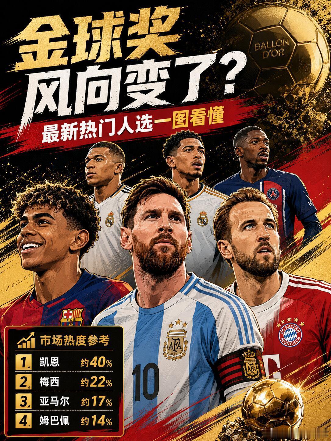 🏆金球奖最新排名：梅西能否冲击九金球，世界杯只剩最后一场，金球奖竞争也变得更