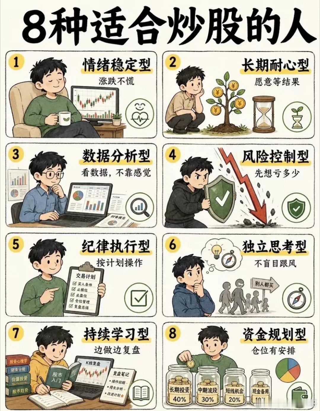 八种适合炒股的人炒股的朋友看看吧，下图说的有一定的说服力，我是三十多年的老股民，