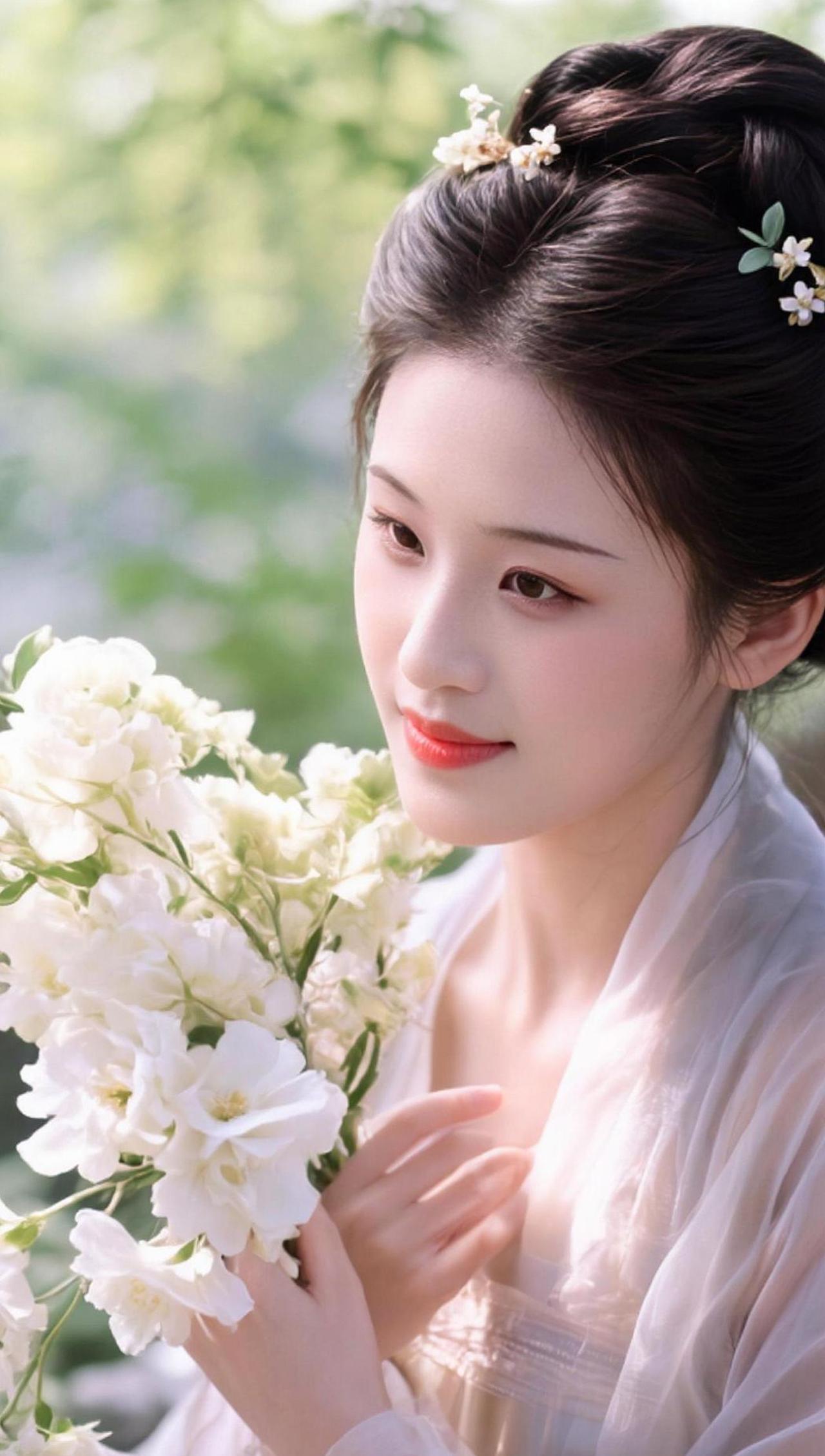 花香染衣，古风悠然，仿佛穿越千年。淡雅的妆容，如诗如画，温柔了岁月。古风美花与美