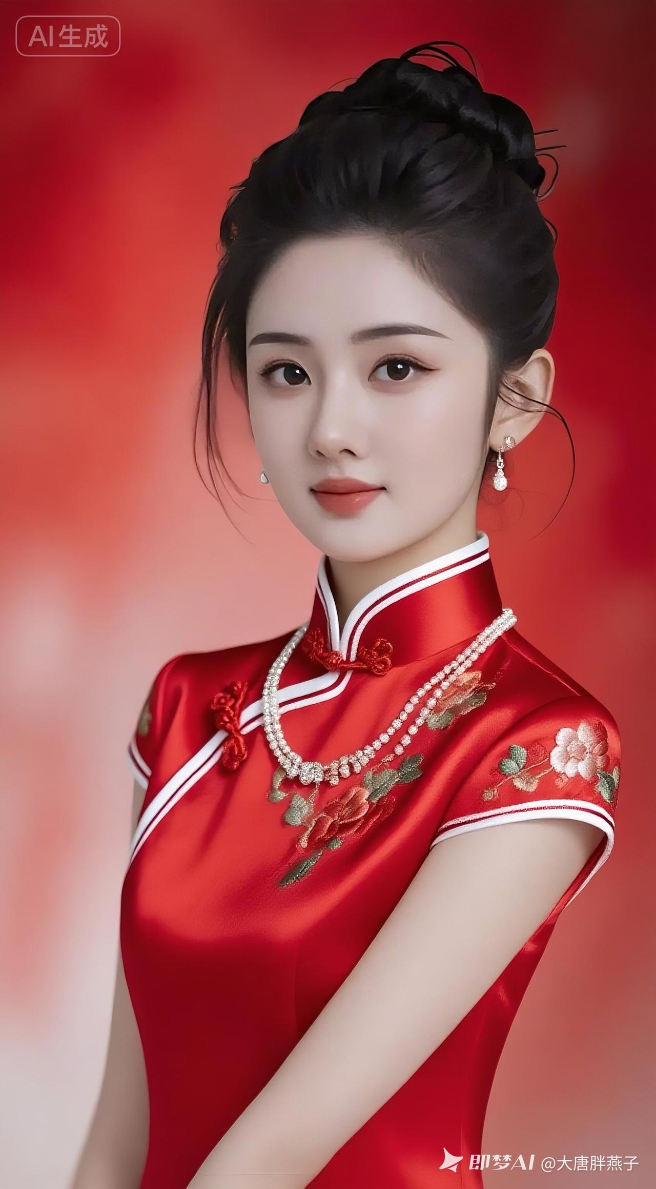 绝色美人肌肤莹润如玉，微乱盘发配精致首饰，红白刺绣短袖旗袍温婉浅笑。朦胧红色极简