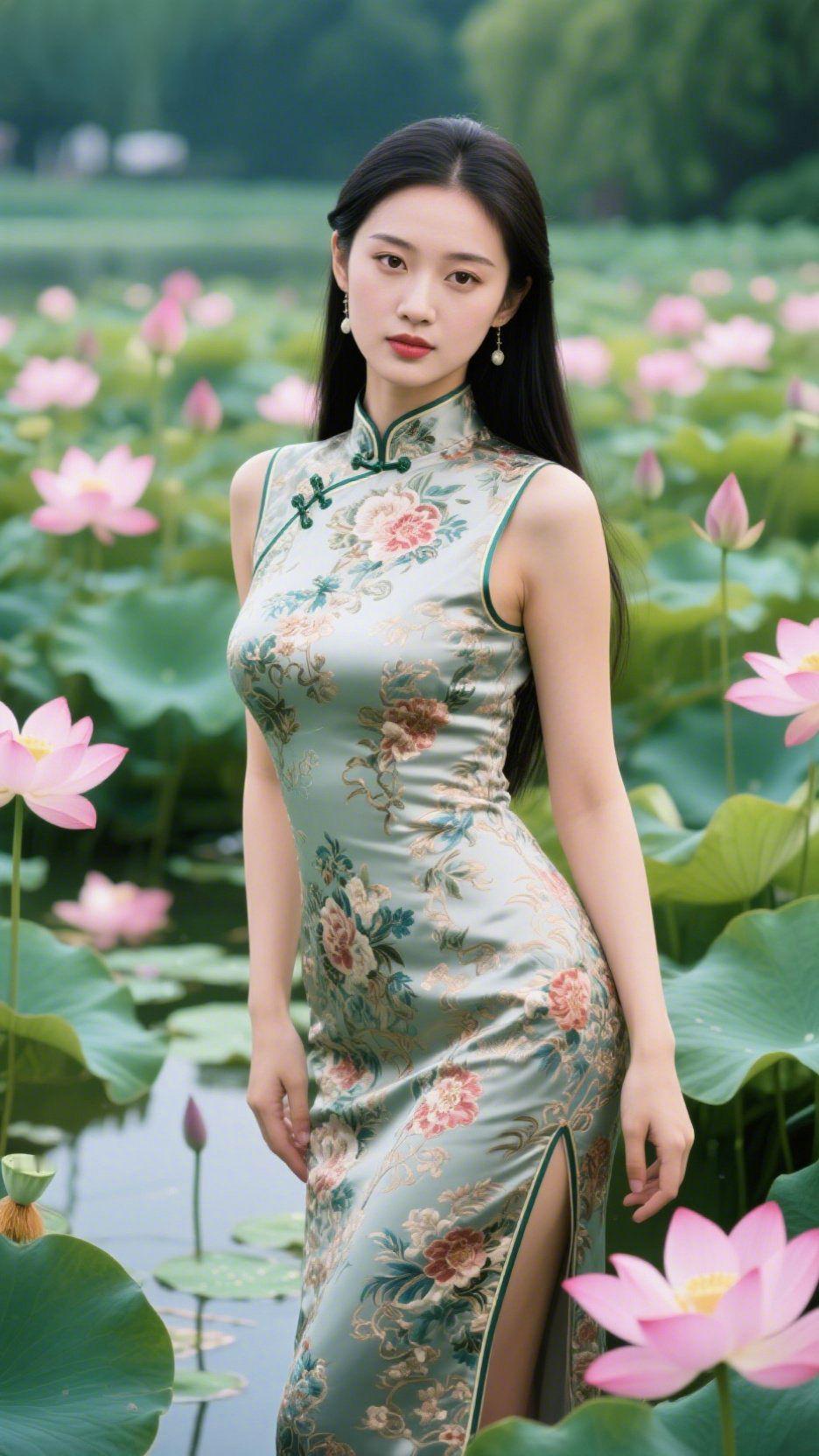 《荷间翠缎裹清柔》荷风携着水汽漫过池面，翠色缎面旗袍似浸了晨露的烟，衣身花