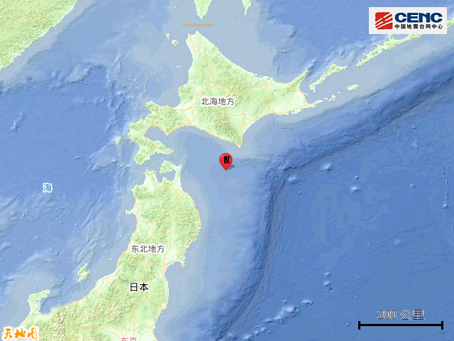日本北海道附近海域发生6.0级地震, 震源深度50公里