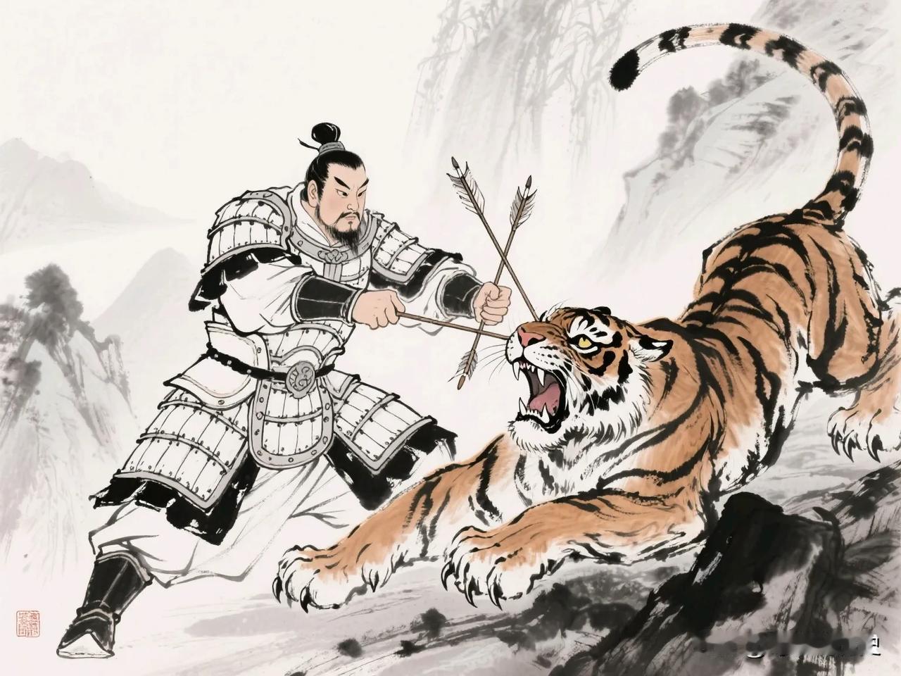 桓温有个侄子叫桓石虔，是一员猛将，他竟能凌空飞跃，从暴怒的猛虎身上连拔两箭，这
