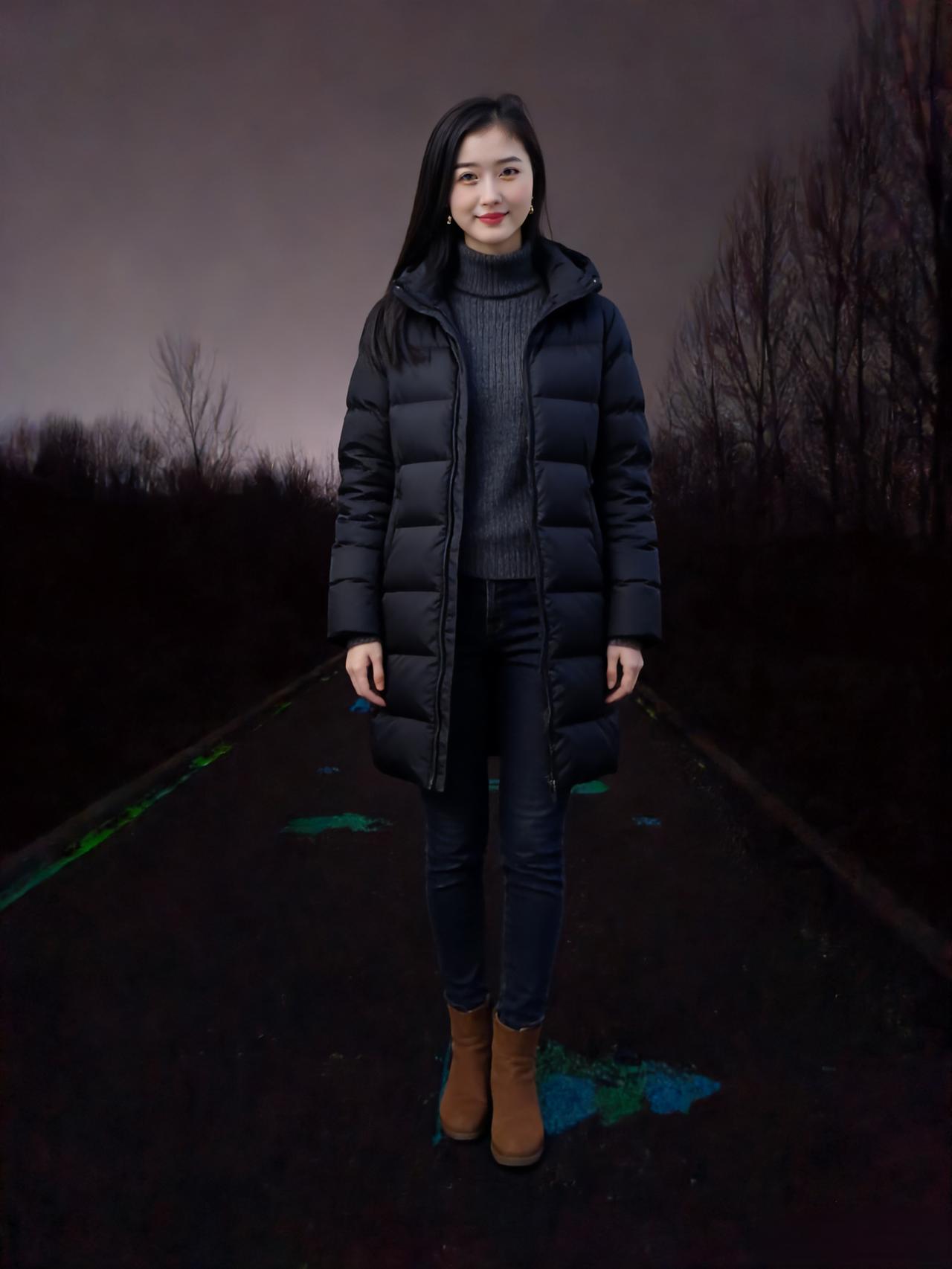 羽绒裁黑锦，高领织灰烟。牛仔缠寒骨，短靴踏冷川。影乱灯影里，身逐晚风前。夜