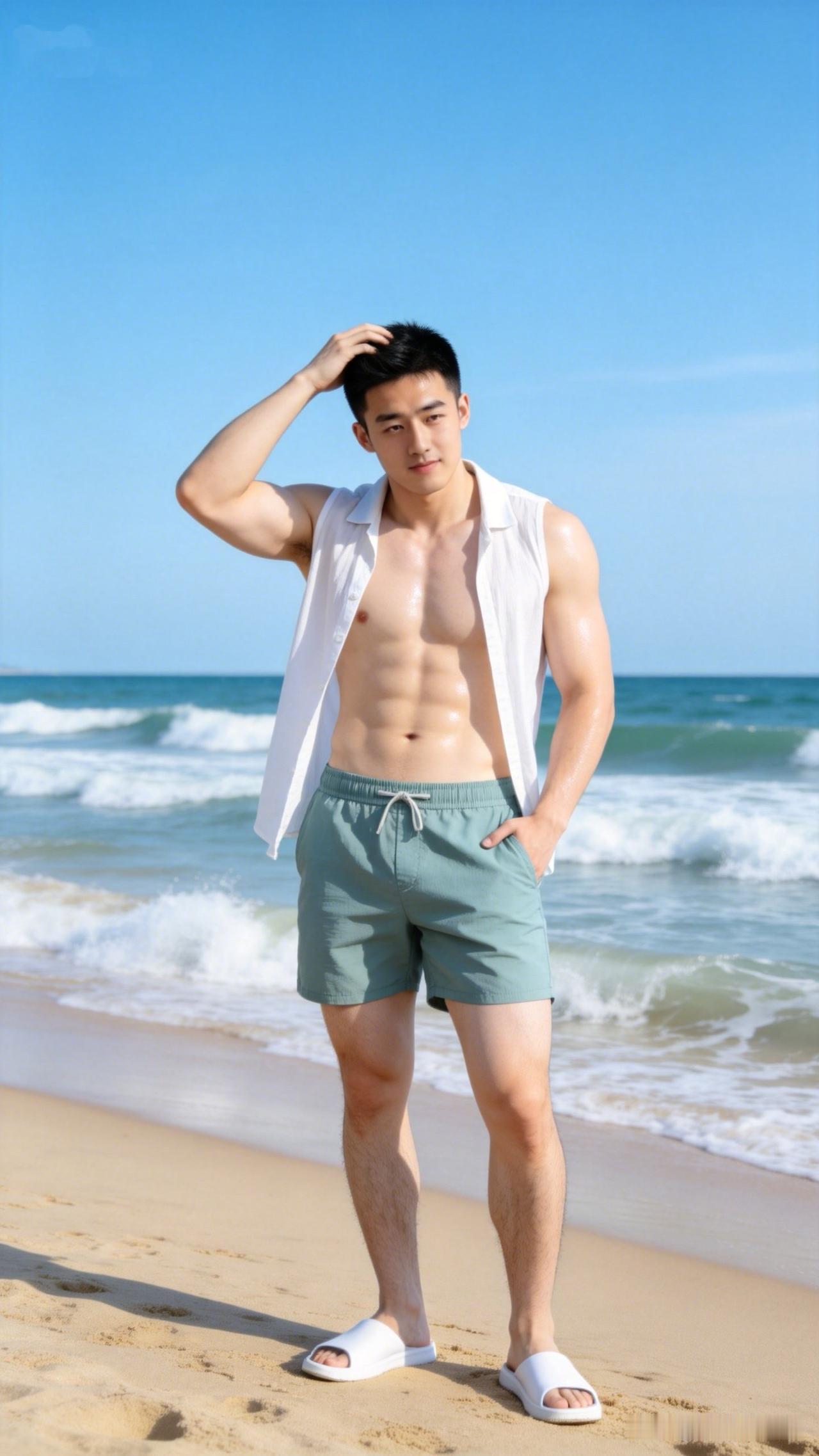 海风一吹，薄肌无处遁逃～薄肌男孩f j肌肉帅哥男人