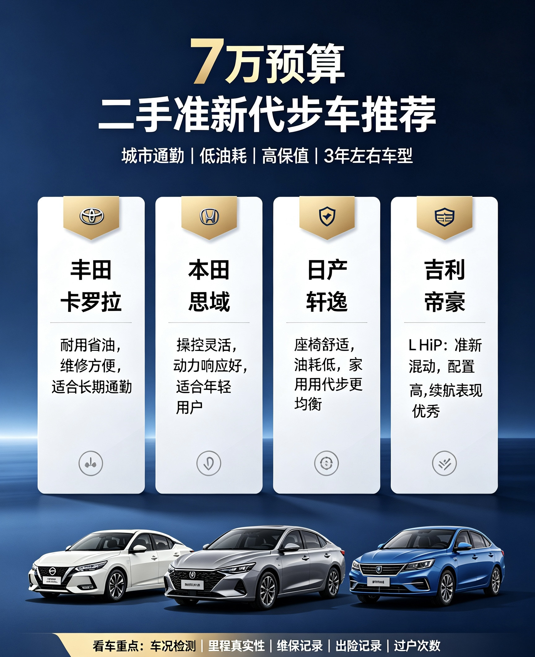 7万想淘一台省心准新代步车，优先看这几款。卡罗拉/雷凌双擎，油耗低、故障率小，市区通勤很合适。轩逸空