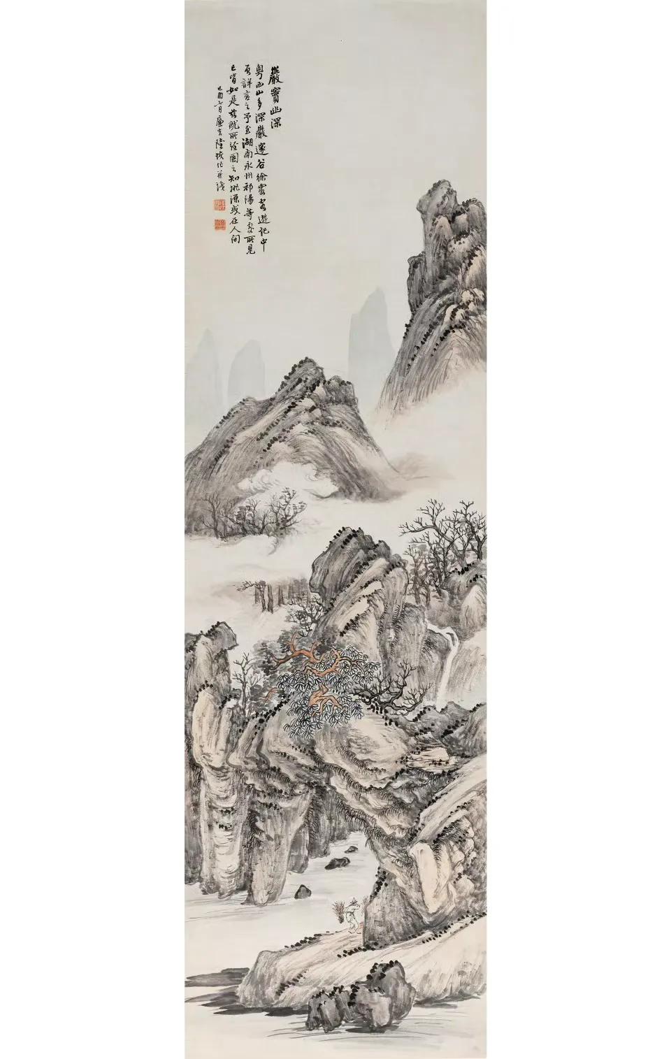 墨色皴擦间藏着千年苔痕，斧劈皴勾勒的崖壁陡然向内凹陷，漏出一汪幽潭似的洞天——陆