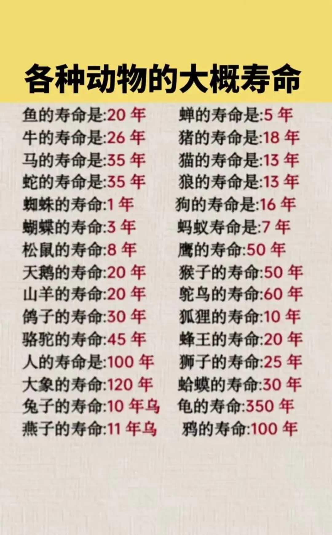 各种动物的大概寿命